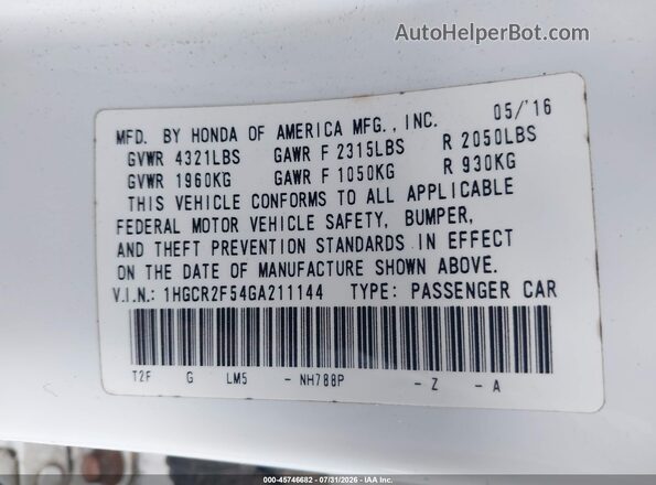 1HGCR2F54GA211144 2016 HONDA ACCORD White Вид підкапотного простору