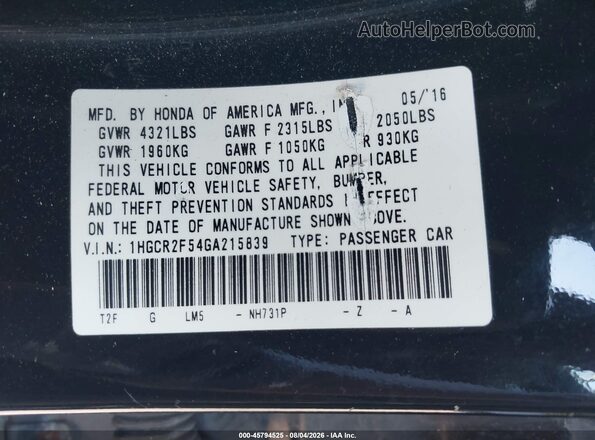 1HGCR2F54GA215839 2016 HONDA ACCORD Black Вид підкапотного простору