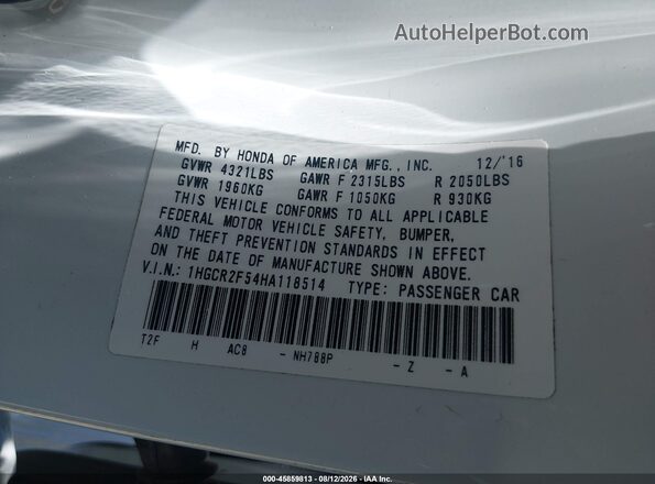 1HGCR2F54HA118514 2017 HONDA ACCORD White Вид підкапотного простору