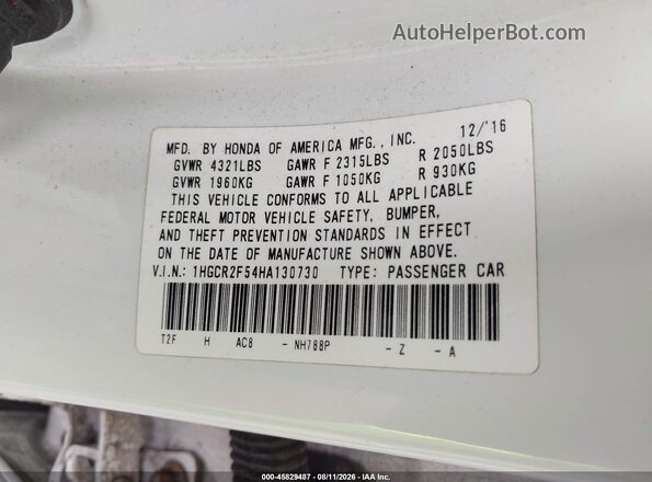 1HGCR2F54HA130730 2017 HONDA ACCORD White ძრავის განყოფილების ხედი