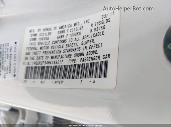 1HGCR2F54HA189017 2017 HONDA ACCORD Белый Вид подкапотного пространства