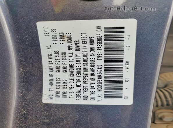 1HGCR2F54HA247420 2017 HONDA ACCORD Gray Widok komory silnika