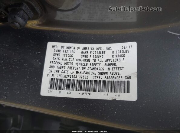 1HGCR2F55GA132632 2016 HONDA ACCORD Gray Շարժիչի բաժամունքի տեսք