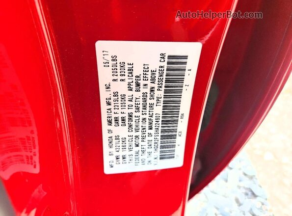 1HGCR2F55HA224907 2017 HONDA ACCORD Red ძრავის განყოფილების ხედი
