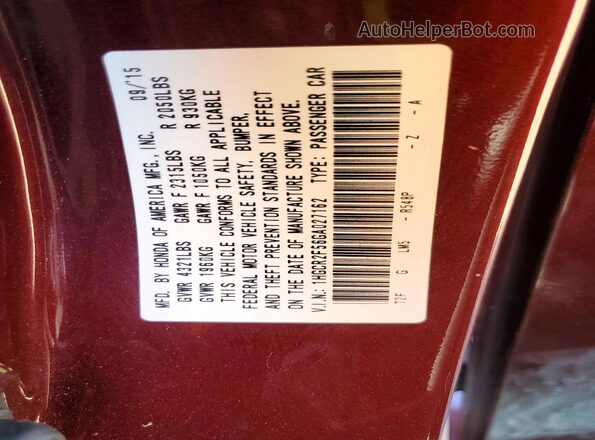 1HGCR2F56GA027162 2016 HONDA ACCORD Бордовый Вид наклейки с VIN-кодом
