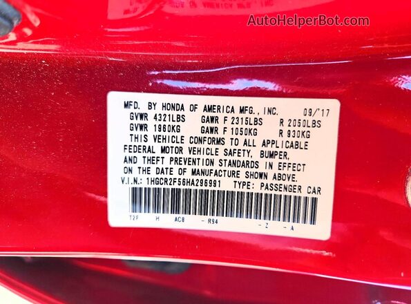 1HGCR2F56HA296991 2017 HONDA ACCORD Красный Вид наклейки с VIN-кодом