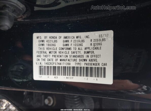 1HGCR2F57HA171398 2017 HONDA ACCORD Черный Вид подкапотного пространства