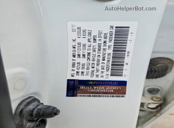 1HGCR2F57HA181266 2017 HONDA ACCORD White VIN კოდის სტიკერის ხედი