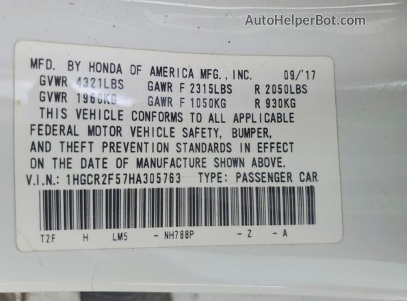 1HGCR2F57HA305763 2017 HONDA ACCORD Белый Вид подкапотного пространства
