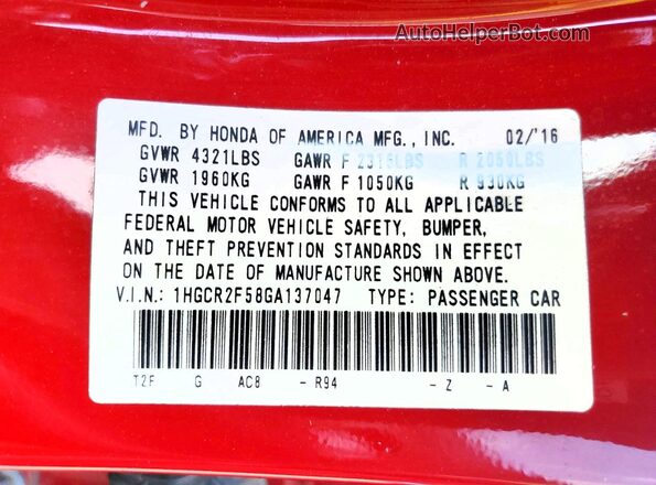 1HGCR2F58GA137047 2016 HONDA ACCORD Красный Вид наклейки с VIN-кодом