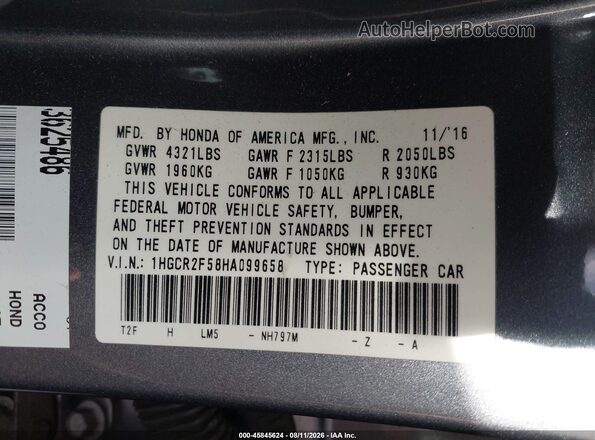 1HGCR2F58HA099658 2017 HONDA ACCORD Gray Widok komory silnika