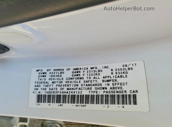 1HGCR2F58HA244102 2017 HONDA ACCORD White Вид підкапотного простору