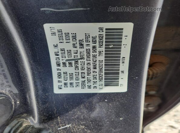 1HGCR2F58HA292182 2017 HONDA ACCORD Gray VIN კოდის სტიკერის ხედი