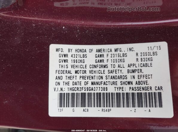 1HGCR2F59GA077389 2016 HONDA ACCORD Темно-бордовый Вид подкапотного пространства