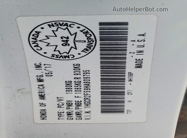 1HGCR2F59HA809795 2017 HONDA ACCORD Белый Вид наклейки с VIN-кодом