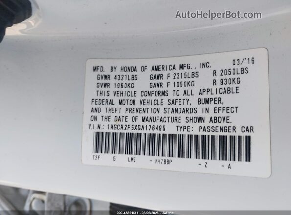 1HGCR2F5XGA176495 2016 HONDA ACCORD White Vista del compartimento del motor