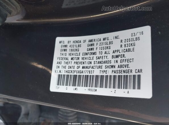 1HGCR2F5XGA177937 2016 HONDA ACCORD Brown 