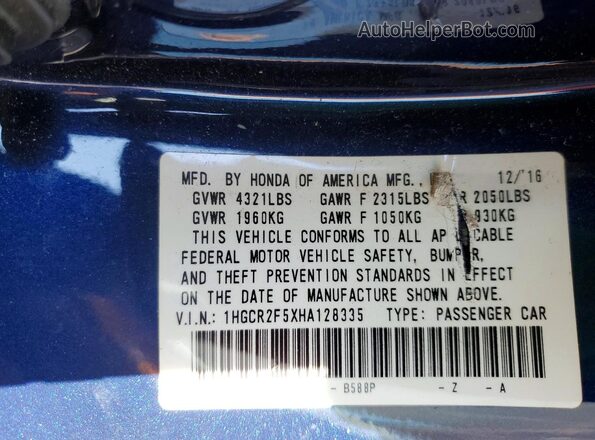 1HGCR2F5XHA128335 2017 HONDA ACCORD Blue VIN կոդի պիտակի տեսք