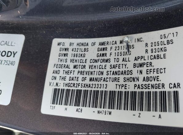 1HGCR2F5XHA233313 2017 HONDA ACCORD Gray Widok komory silnika