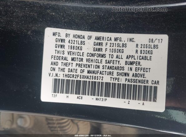 1HGCR2F5XHA259572 2017 HONDA ACCORD Black Вид підкапотного простору