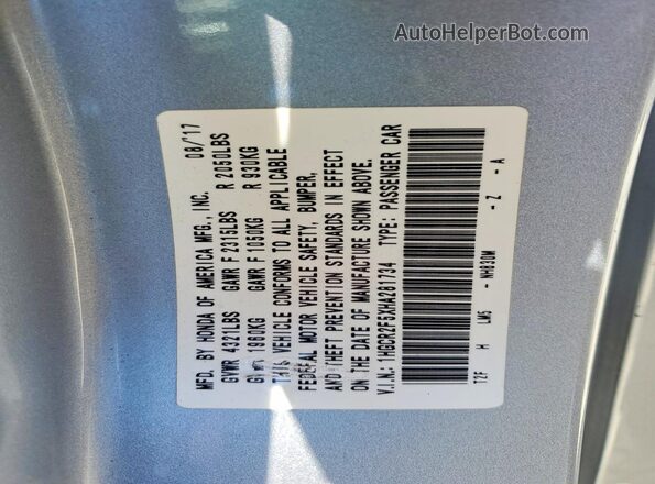 1HGCR2F5XHA281734 2017 HONDA ACCORD Silver Vista de la etiqueta del VIN