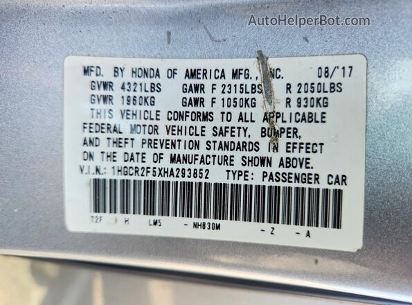 1HGCR2F5XHA293852 2017 HONDA ACCORD Серебряный Вид подкапотного пространства