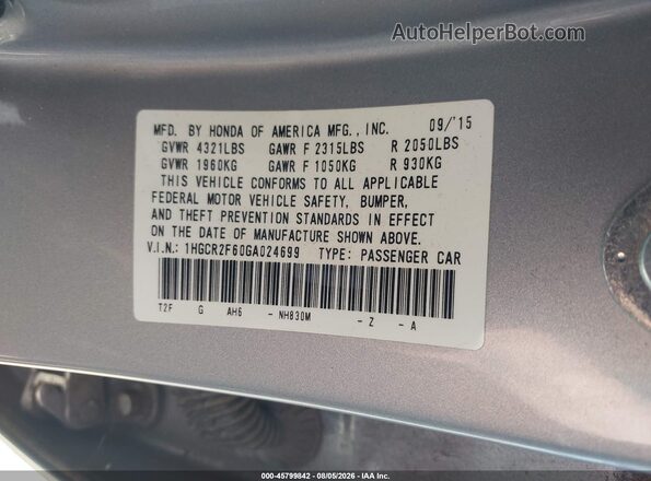 1HGCR2F60GA024699 2016 HONDA ACCORD Silver Vista del compartimento del motor