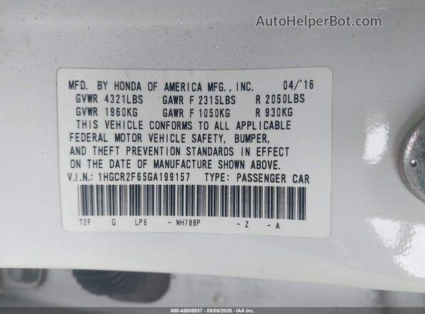 1HGCR2F65GA199157 2016 HONDA ACCORD White ძრავის განყოფილების ხედი