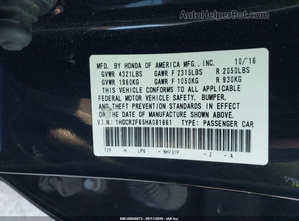 1HGCR2F65HA081661 2017 HONDA ACCORD Black Вид підкапотного простору