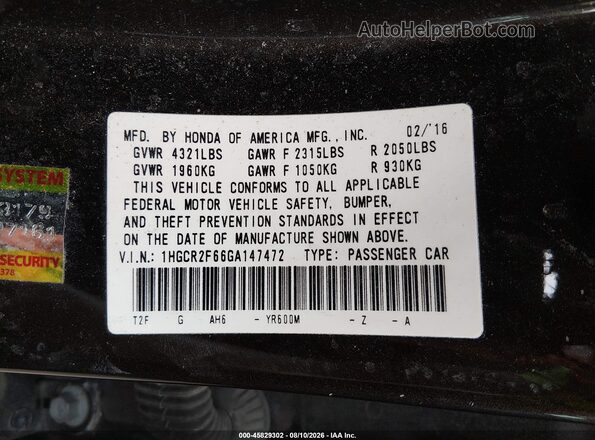1HGCR2F66GA147472 2016 HONDA ACCORD Black Vista del compartimento del motor