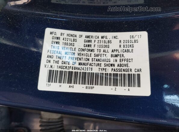 1HGCR2F68HA243976 2017 HONDA ACCORD Dark Blue Engine compartment view