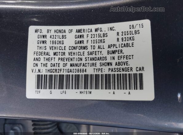 1HGCR2F71GA038684 2016 HONDA ACCORD Gray Widok komory silnika