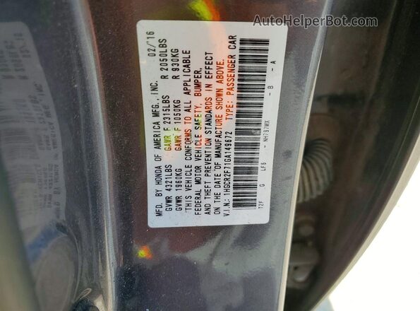 1HGCR2F71GA149672 2016 HONDA ACCORD Gray ძრავის განყოფილების ხედი