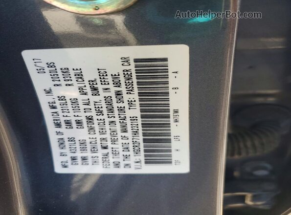 1HGCR2F71HA232195 2017 HONDA ACCORD Gray VIN კოდის სტიკერის ხედი