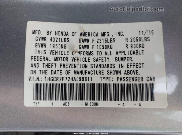 1HGCR2F72HA099611 2017 HONDA ACCORD Silver Engine compartment view