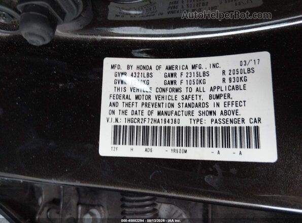 1HGCR2F72HA194380 2017 HONDA ACCORD Коричневый Вид подкапотного пространства