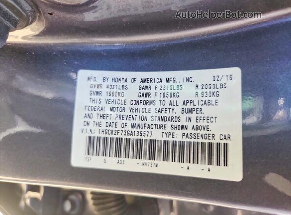 1HGCR2F73GA135577 2016 HONDA ACCORD Charcoal Вид підкапотного простору