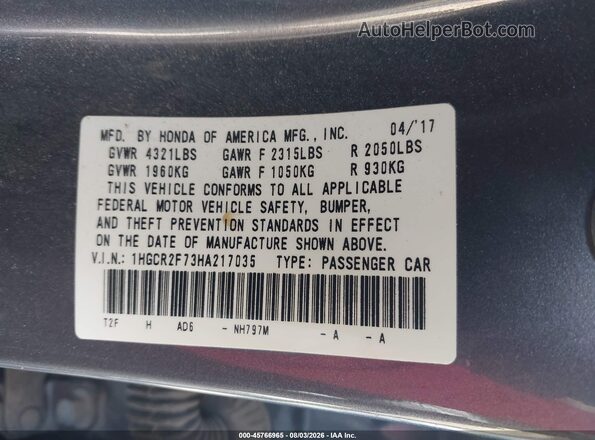 1HGCR2F73HA217035 2017 HONDA ACCORD Серый Вид подкапотного пространства