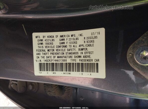1HGCR2F74HA013666 2017 HONDA ACCORD Gray Engine compartment view