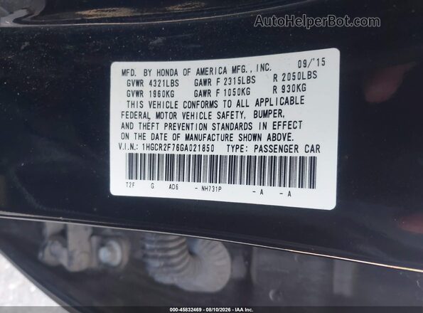 1HGCR2F76GA021850 2016 HONDA ACCORD Black Вид підкапотного простору