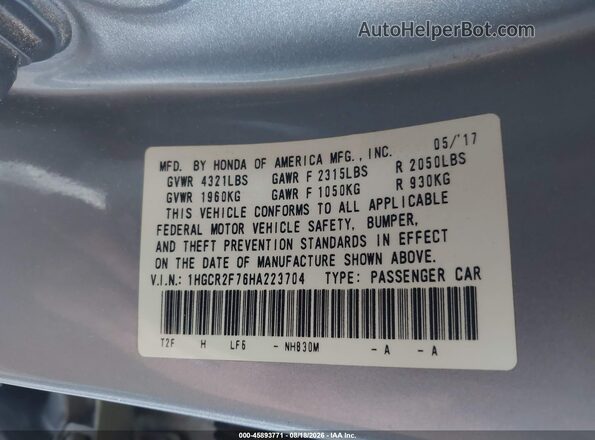 1HGCR2F76HA223704 2017 HONDA ACCORD Серебряный Вид подкапотного пространства
