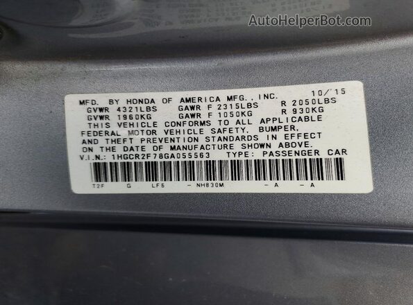 1HGCR2F78GA055563 2016 HONDA ACCORD Silver Вид підкапотного простору