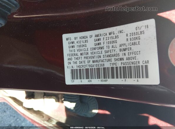 1HGCR2F79GA105368 2016 HONDA ACCORD Burgundy Widok komory silnika