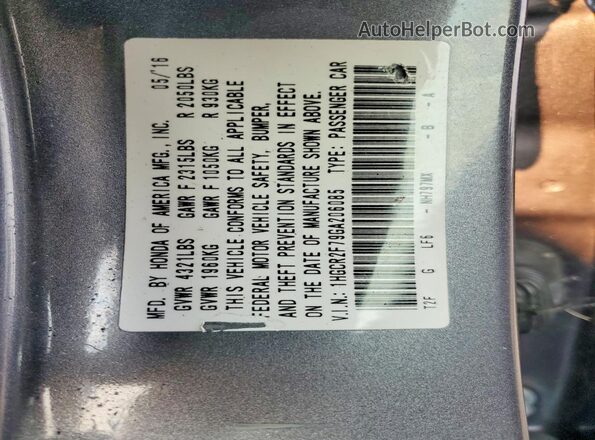 1HGCR2F79GA206085 2016 HONDA ACCORD Gray Vista de la etiqueta del VIN