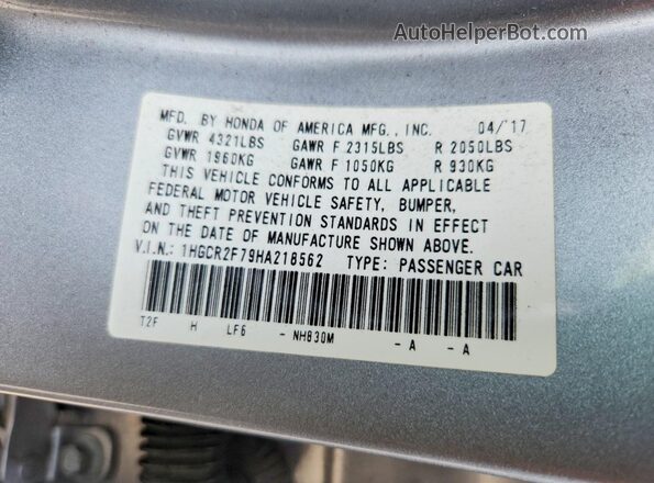 1HGCR2F79HA218562 2017 HONDA ACCORD Серебряный Вид подкапотного пространства