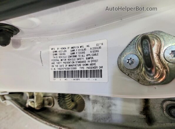 1HGCR2F80GA130989 2016 HONDA ACCORD White ძრავის განყოფილების ხედი