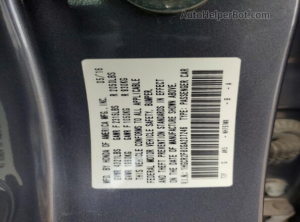 1HGCR2F80GA207246 2016 HONDA ACCORD Gray Շարժիչի բաժամունքի տեսք