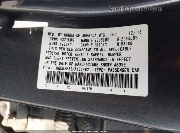 1HGCR2F82HA131482 2017 HONDA ACCORD Серый Вид подкапотного пространства