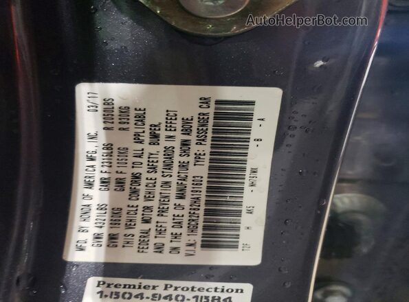 1HGCR2F82HA191603 2017 HONDA ACCORD Gray Vista del compartimento del motor