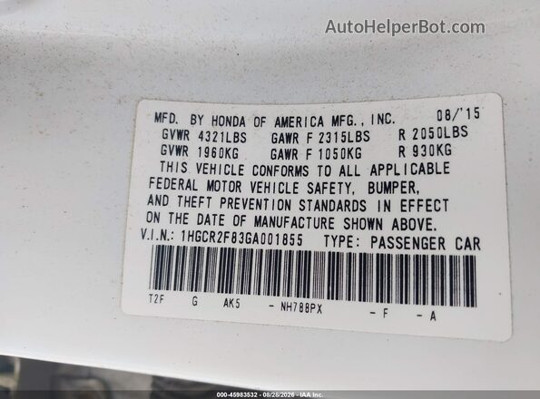 1HGCR2F83GA001855 2016 HONDA ACCORD Белый Вид подкапотного пространства